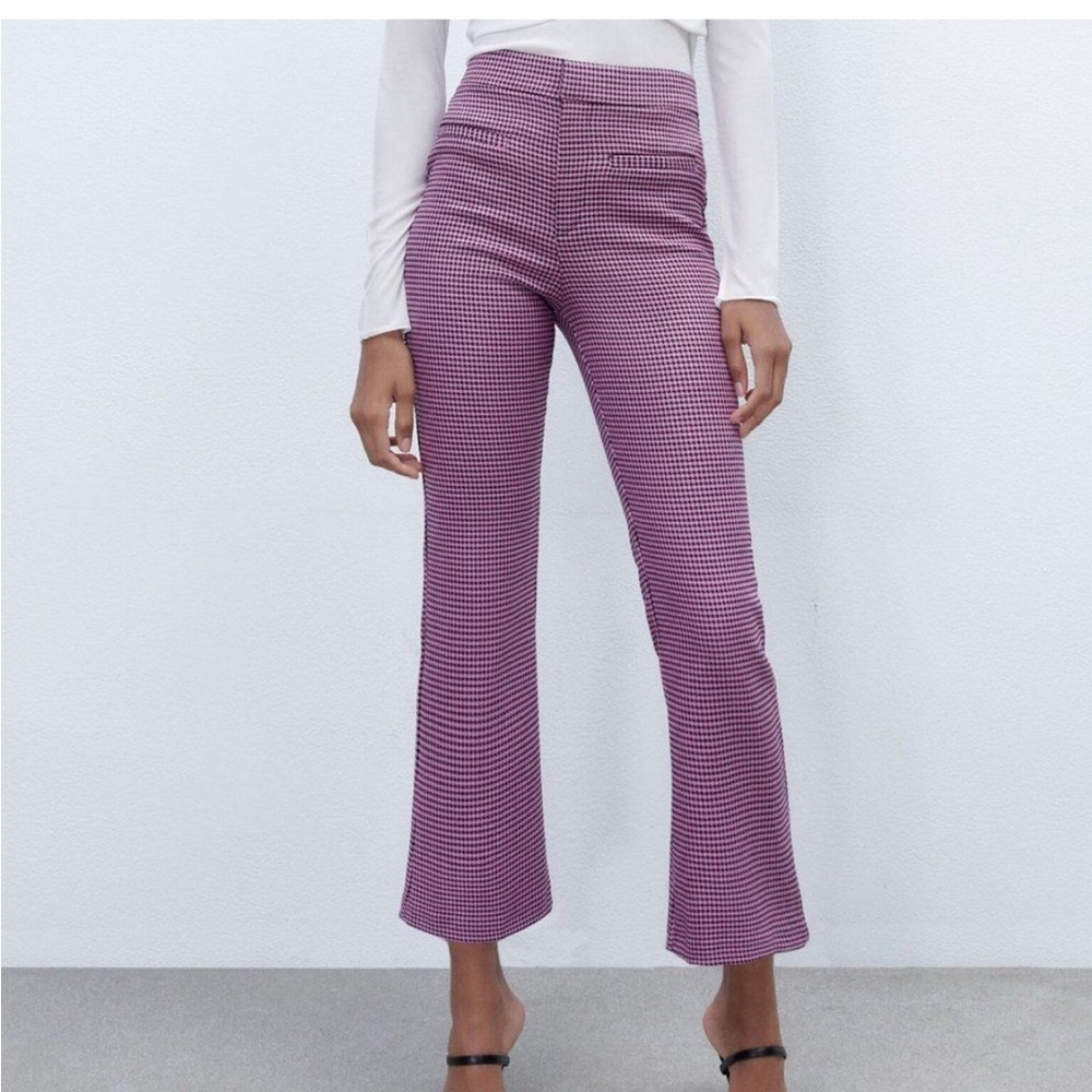 Zara Pink Black Houndstooth Flare Crop Pants Small